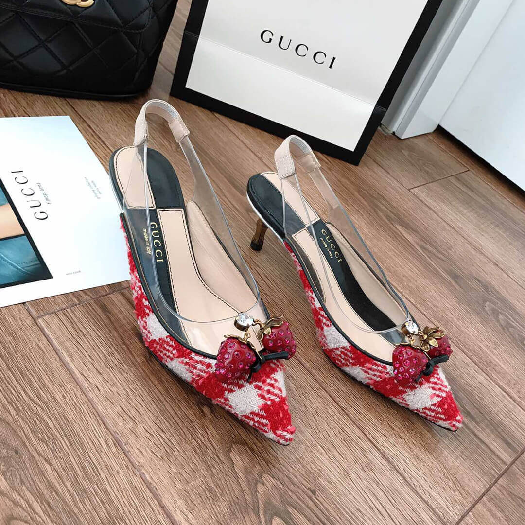 Gucci Eleonor Crystal-Strawberry Tweed Slingback Pumps 286148 Red