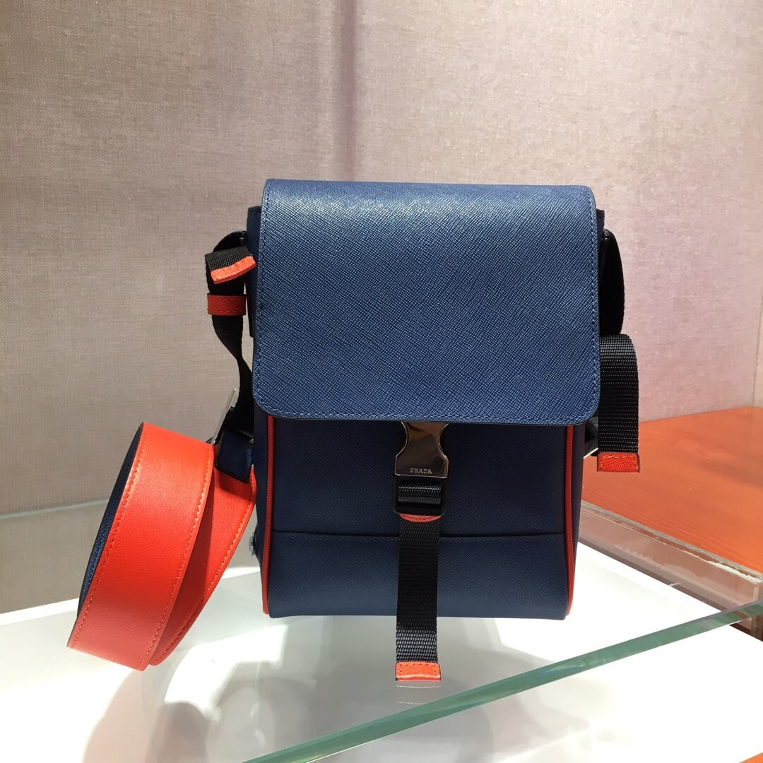 Prada Saffiano Leather Shoulder Bag 2VD019 Blue/Orange
