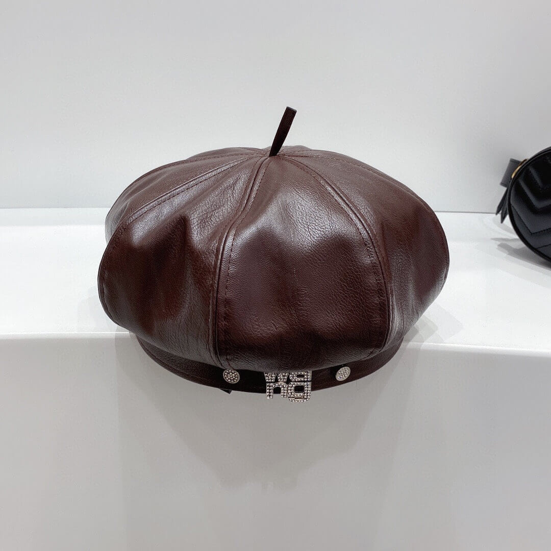 Alexander Wang Leather With Crystal Logo Beret Hat 1305