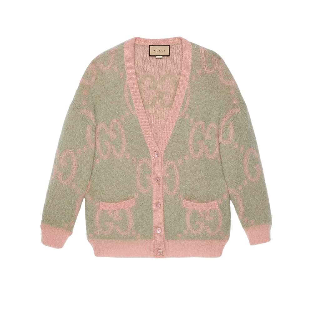 Gucci Reversible GG Mohair Wool Cardigan In Light Green & Pink 635160