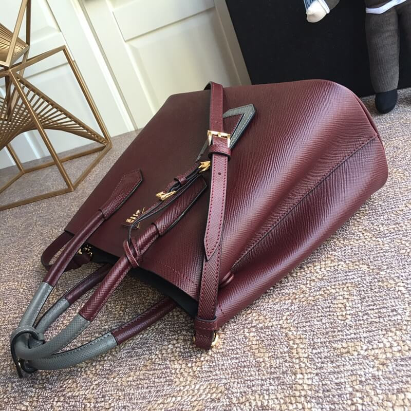 Prada Two-Tone Saffiano Leather Double Bag 1BG775 Burgundy/Grey