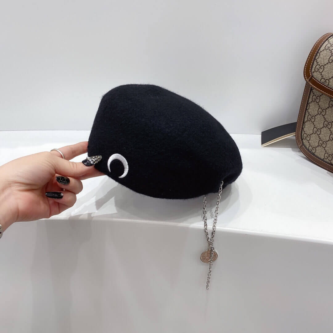 Marine Serre Moon Embroidered Merino Wool Beret 1305