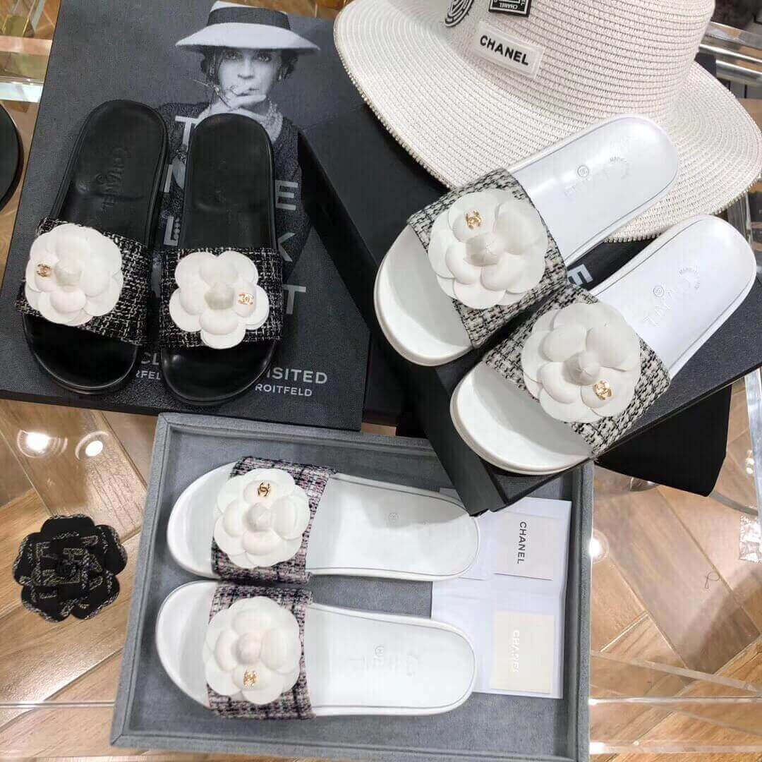 Chanel Camellia Iconic Tweed Flower Mules G14022