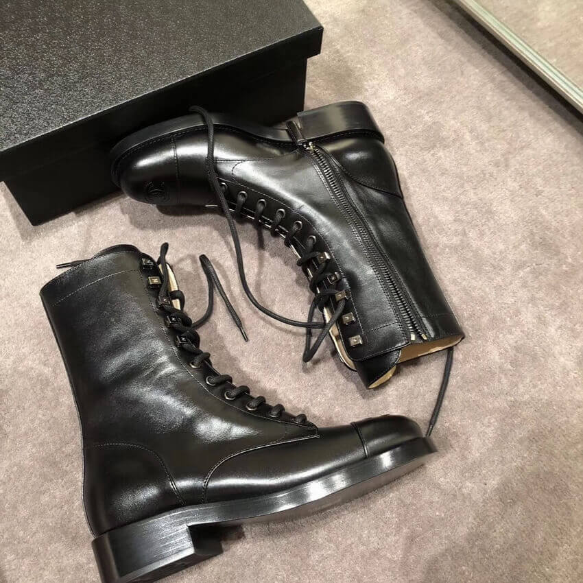 Chanel Calfskin Black Combat Lace-Ups Boots G34953