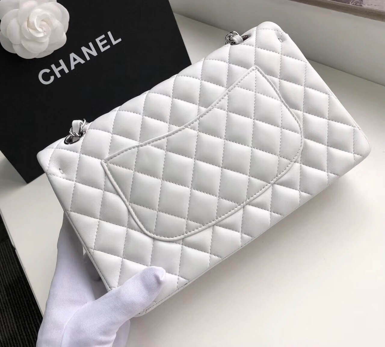 Chanel 1112 White Medium Size 2.55 Lambskin Leather Flap Bag