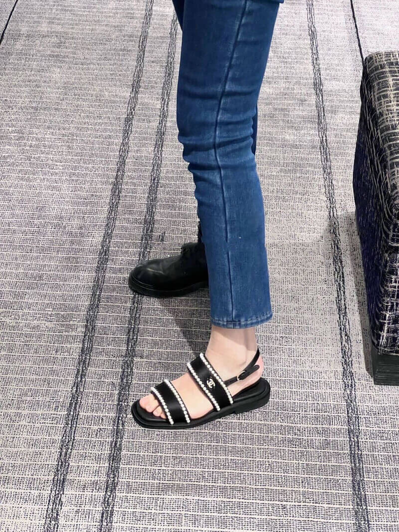 Chanel Satin & Imitation Pearls Sandals G38423 Black