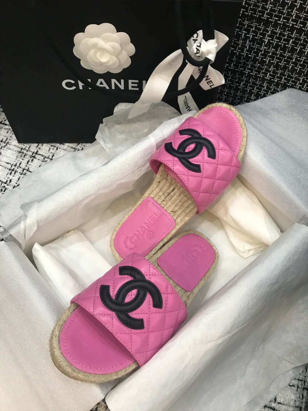 Chanel CC Quilted Mules G35604 Rosy/Black