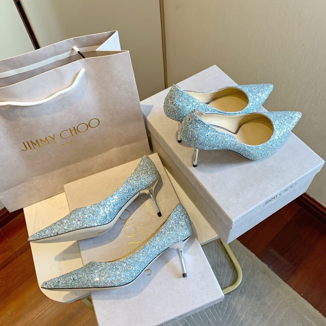 Jimmy Choo Silver Romy Glitter Fabric Pointy Toe Pumps 120011