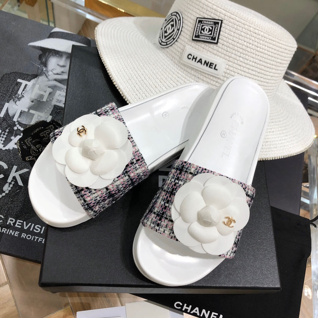 Chanel Camellia Iconic Tweed Flower Mules G14020