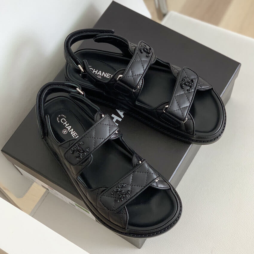 Chanel Caviar Gold CC Logo Velcro Dad Sandals G35927 Black