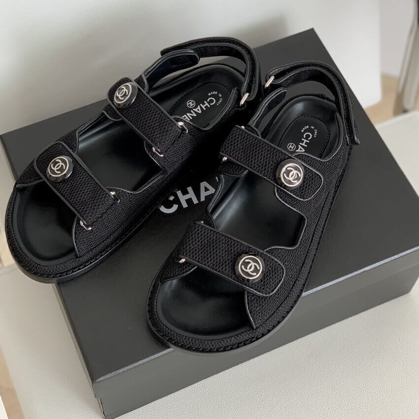 Chanel CC Button Velcro Sandals Technical Fabric/Calfskin Leather 261156