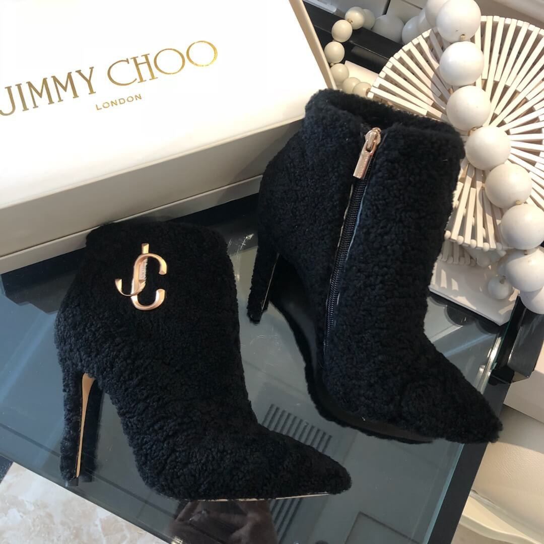 Jimmy Choo Shearling Ankle Bootie with Gold JC Logo 80259