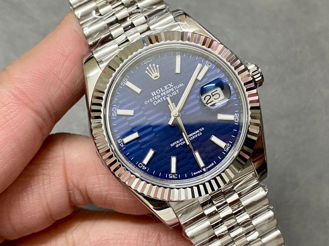 Rolex Datejust 41mm Blue Motif Dial Jubilee Stainless Steel Automatic Fluted Bezel