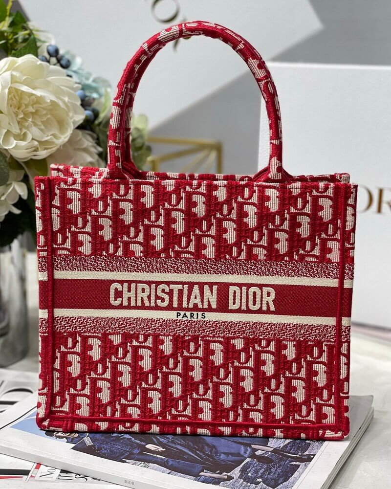 Christian Dior Small Book Tote Bag 26cm Oblique Embroidery Red