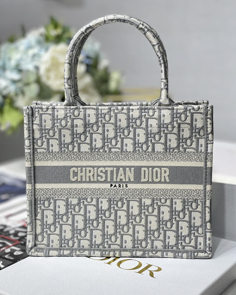 Christian Dior Small Book Tote Bag 26cm Oblique Embroidery Gray