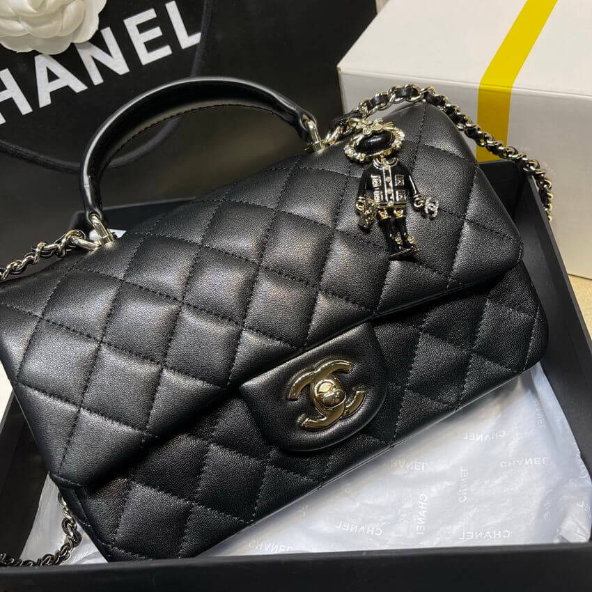 Chanel Lambskin Mini Flap Bag With Top Handle Black AS2431 with Lion Charm