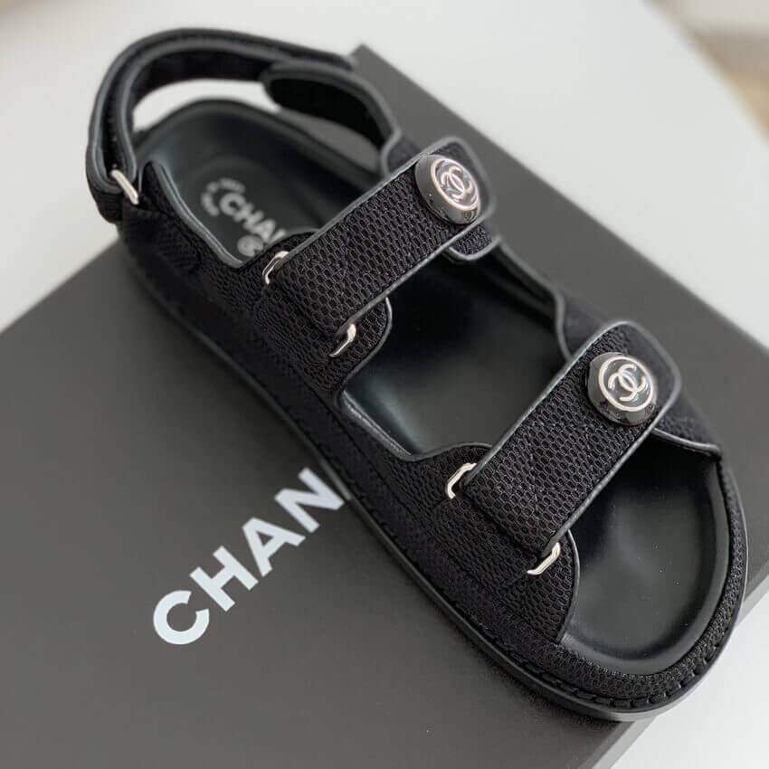 Chanel CC Button Velcro Sandals Technical Fabric/Calfskin Leather 261156