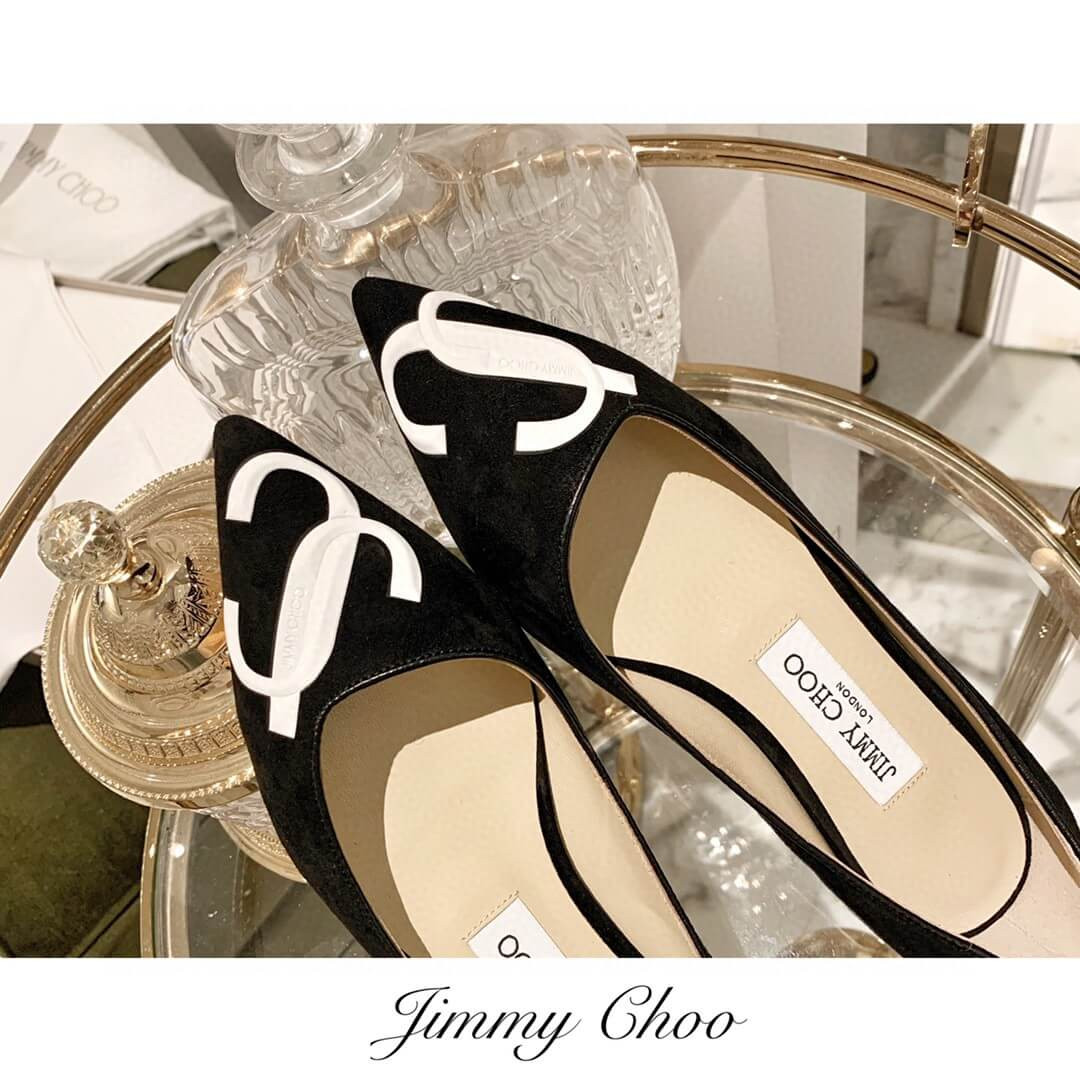 Jimmy Choo Love Flats Suede Pumps In Black and White Logo 231161
