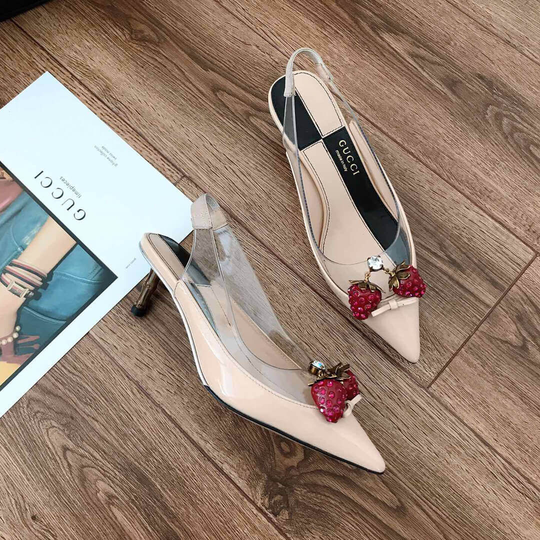 Gucci Eleonor Strawberry Patent Slingback Pumps 286148 Beige