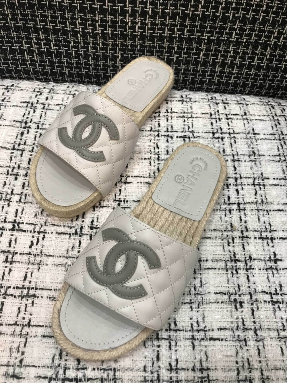 Chanel CC Quilted Mules G35604 White/Grey