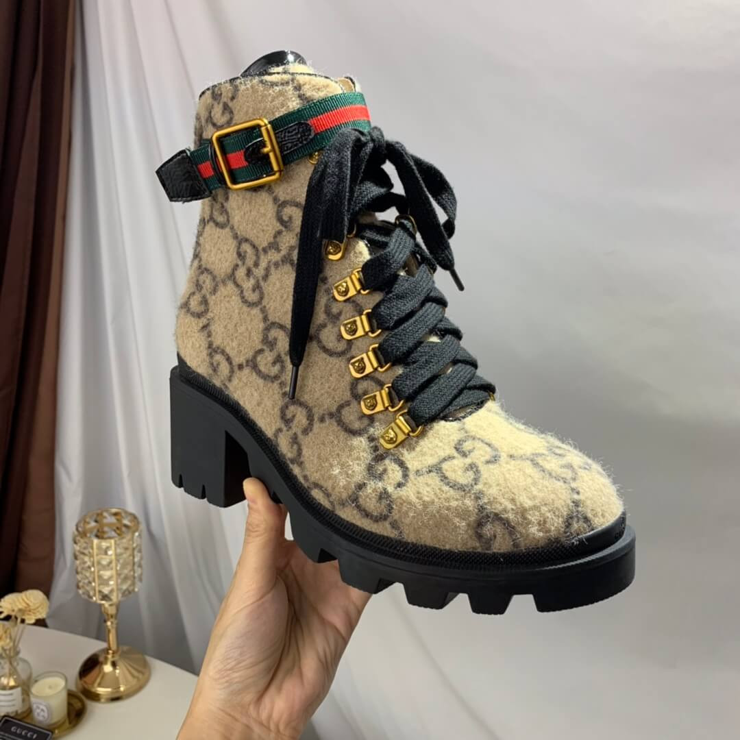 Gucci Trip GG Wool Combat Boots 583349 Beige