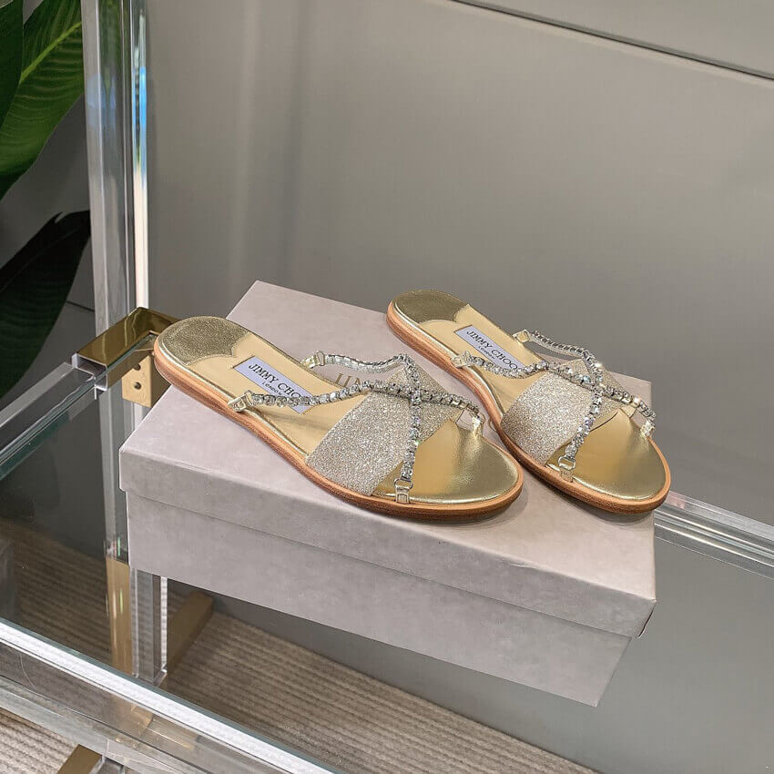 Jimmy Choo Aadi Platinum Ice Dusty Glitter Flats With Crystal Chain C6137