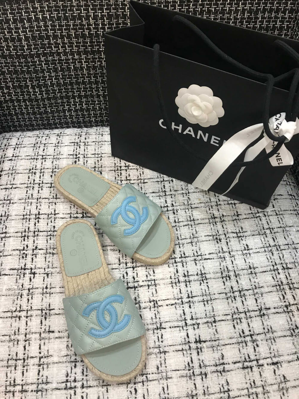Chanel CC Quilted Mules G35604 Light Blue/Blue