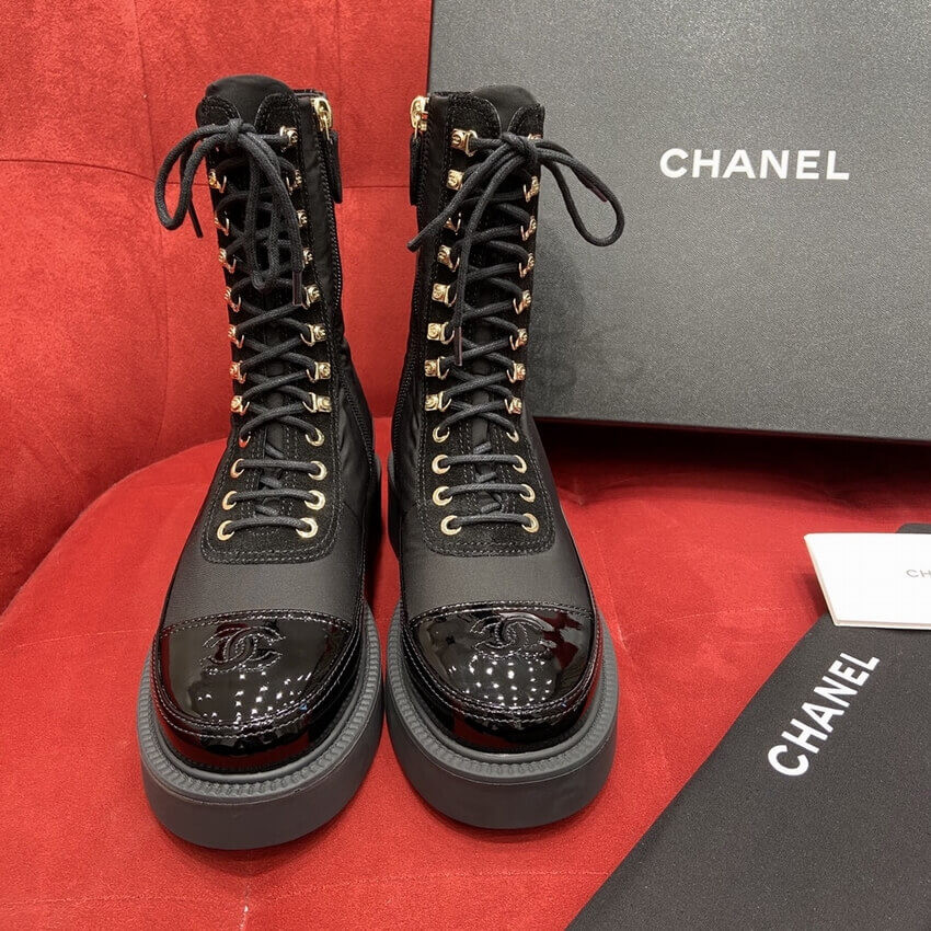 Chanel Nylon and Patent Calfskin Lace-Ups Boots G38086 Black