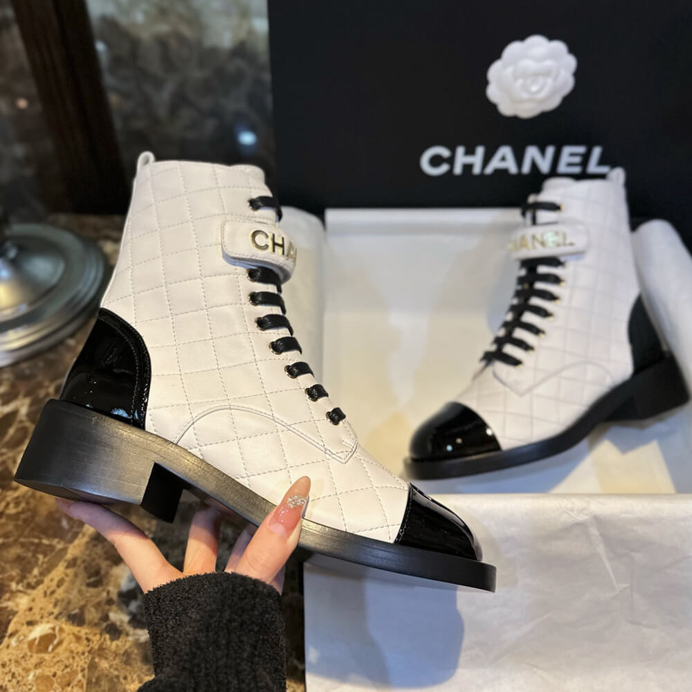 Chanel Quilted Lambskin & Patent Calfskin Lace Up Combat Boots G45005