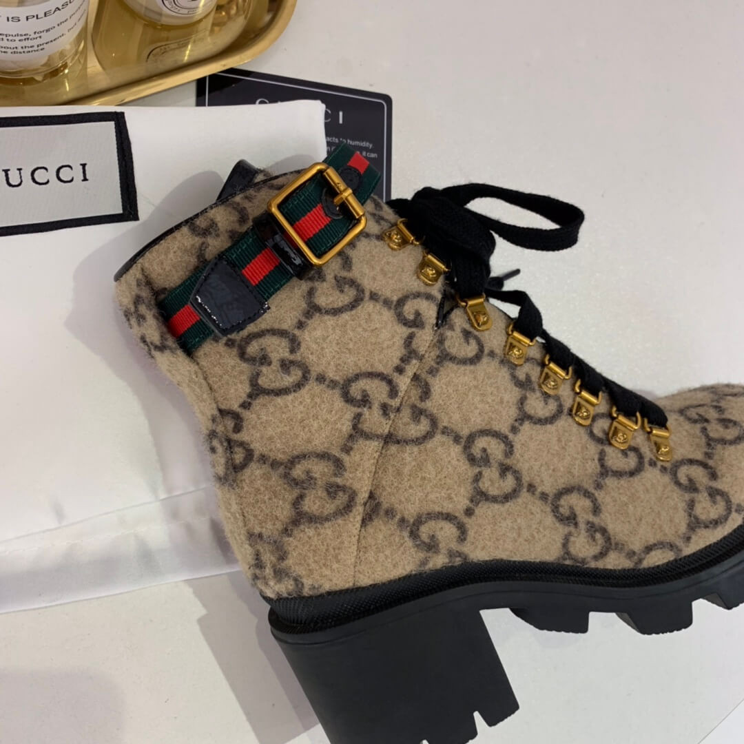 Gucci Trip GG Wool Combat Boots 583349 Beige