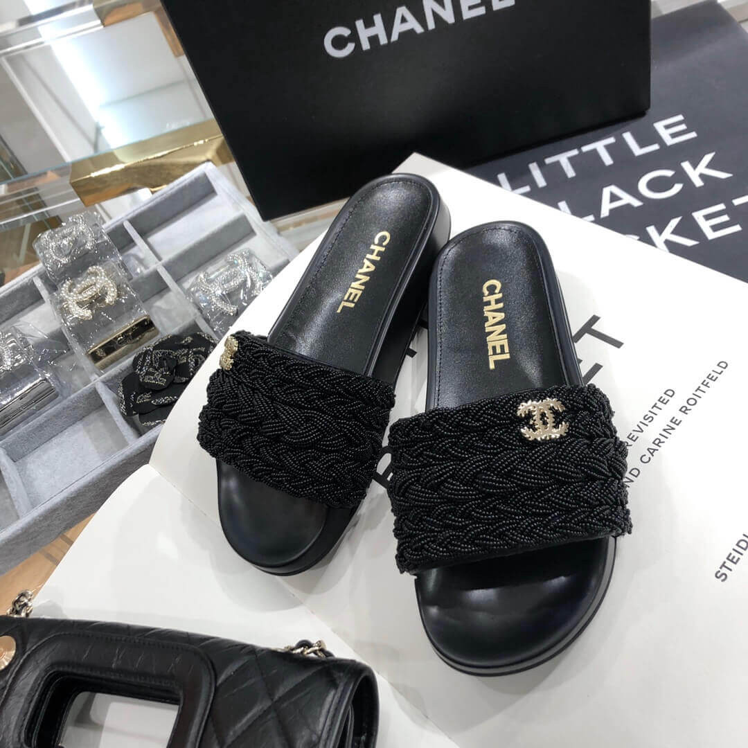 Chanel Pearls & Lambskin Black Mules G35696