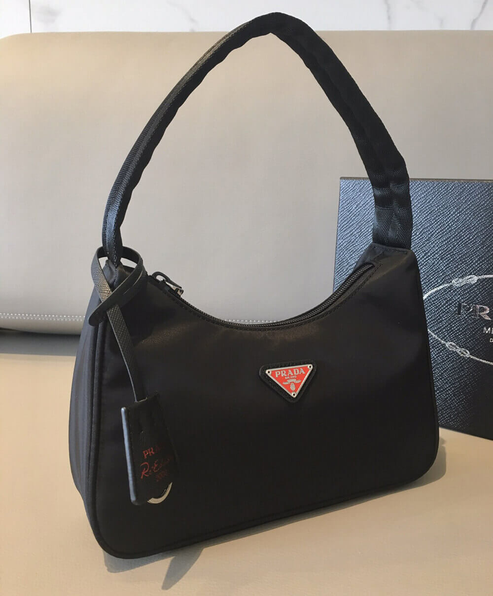 Prada Re-Edition 2000 Nylon Hobo Bag 1NE515 Black with Red Logo