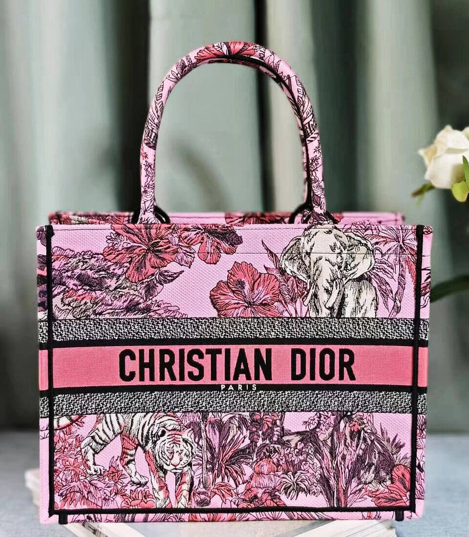 Christian Dior Book Tote Pink Multicolor Toile de Jouy Voyage Embroidery