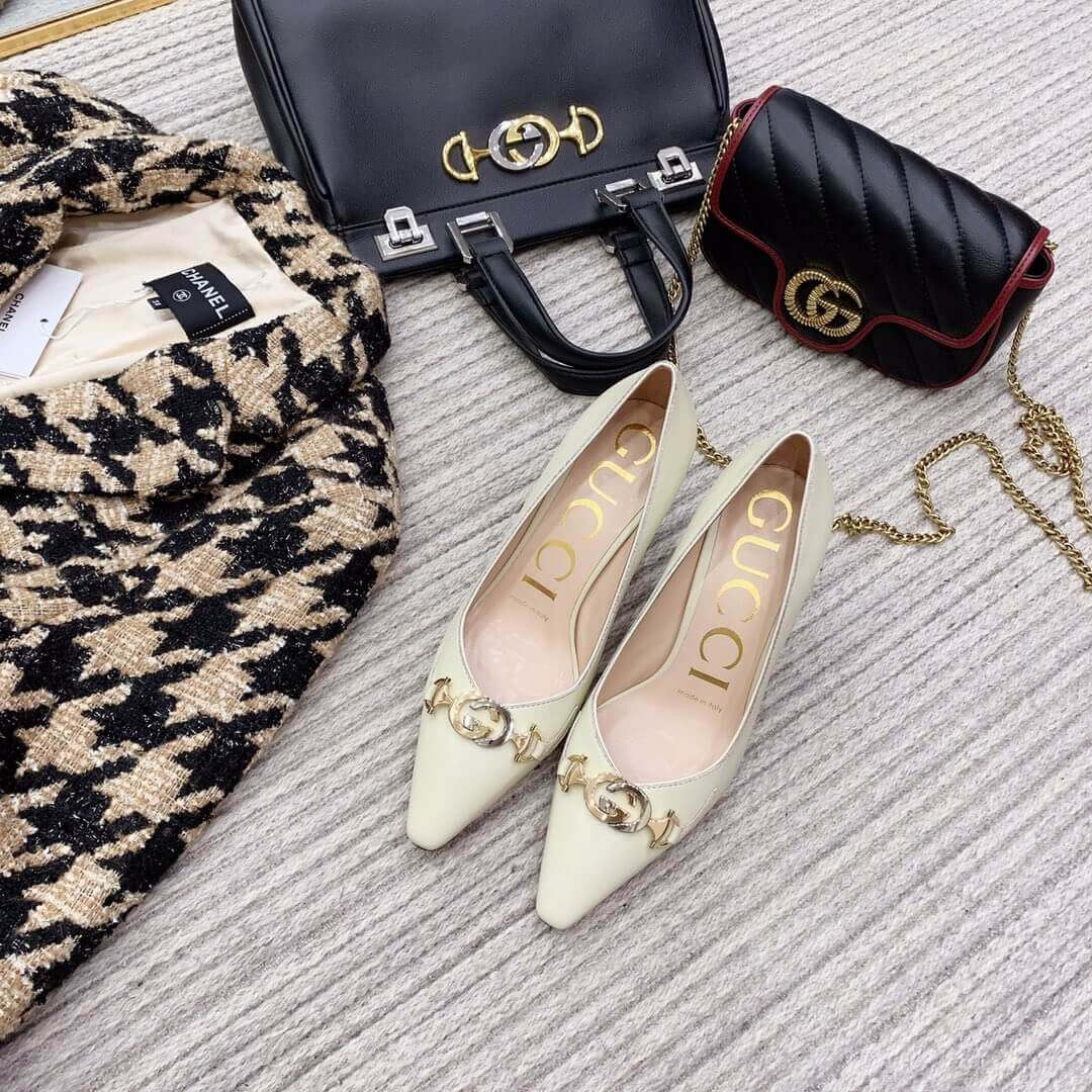 Gucci Zumi Mid-Heel Leather Pump 596860 White