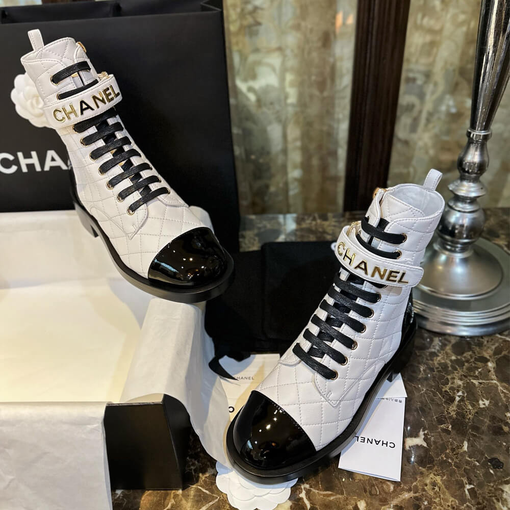 Chanel Quilted Lambskin & Patent Calfskin Lace Up Combat Boots G45005