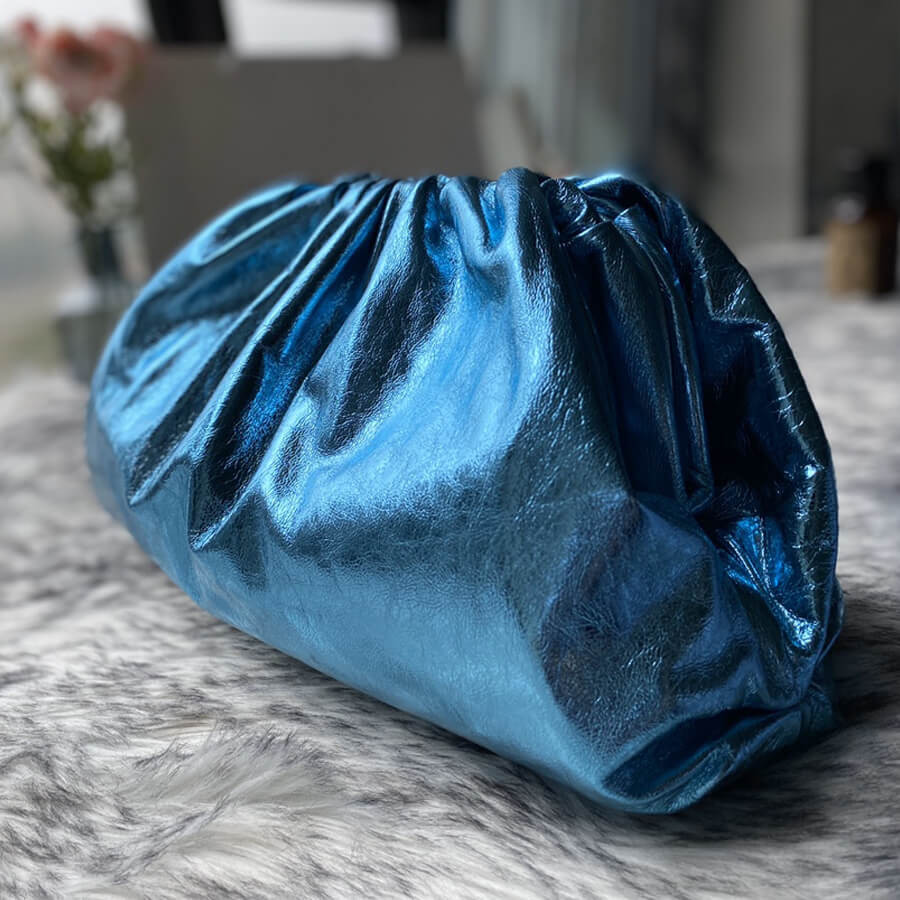 Bottega Veneta The Pouch In Blue Metallic Leather 576227