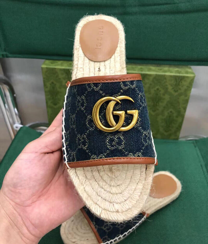 Gucci Pilar Double G Denim Slide Sandal