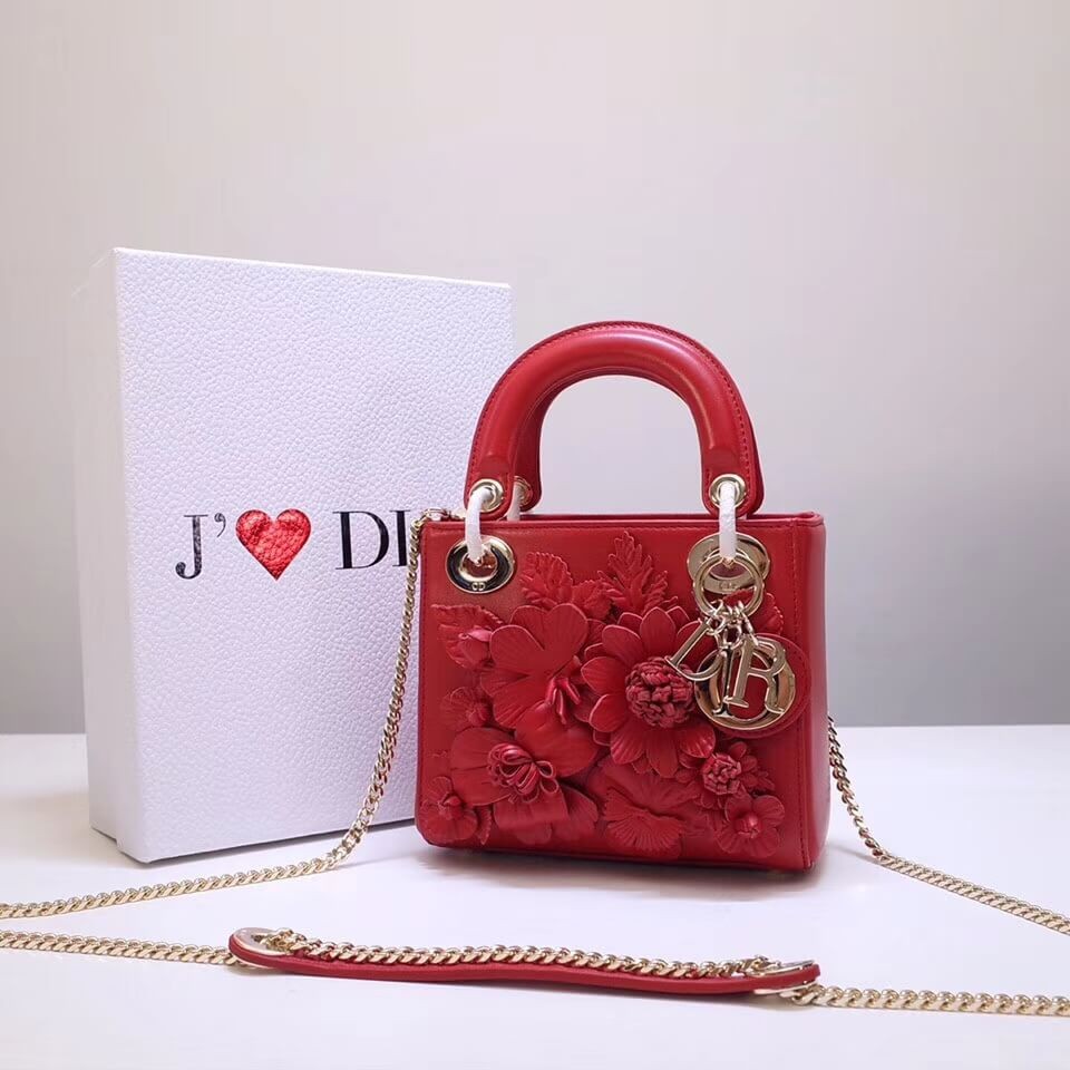 Christian Dior Lambskin Embroidered Flowers Mini "Lady Dior" Bag M0565