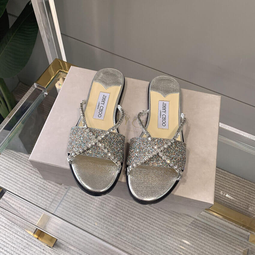 Jimmy Choo Aadi Platinum Ice Dusty Glitter Flats With Crystal Chain C6137