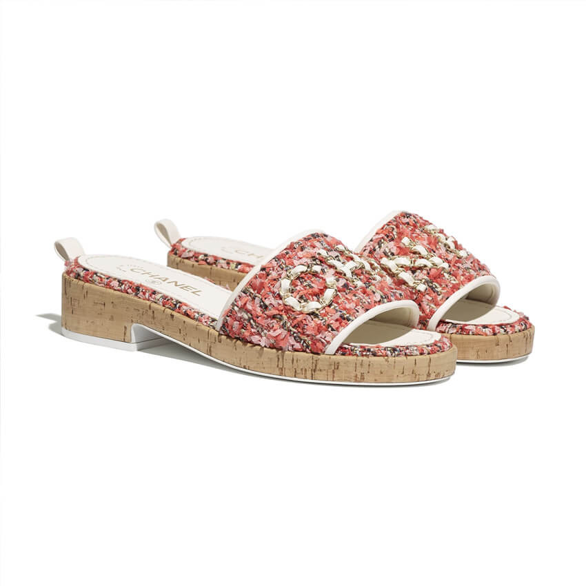 Chanel Tweed Gold Chain CC Logo Letter Cork Mules G34826