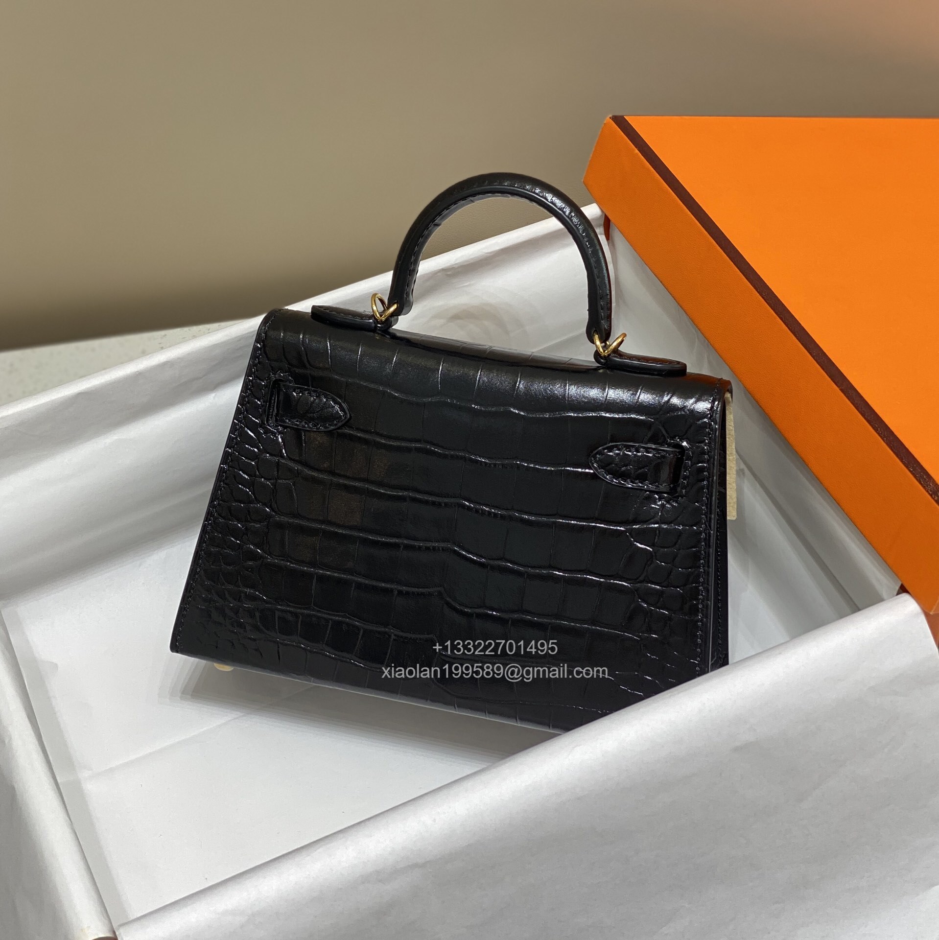 Hermès Mini Kelly in Crocodile Leather, Fully Handmade Premium Private Customization –Black