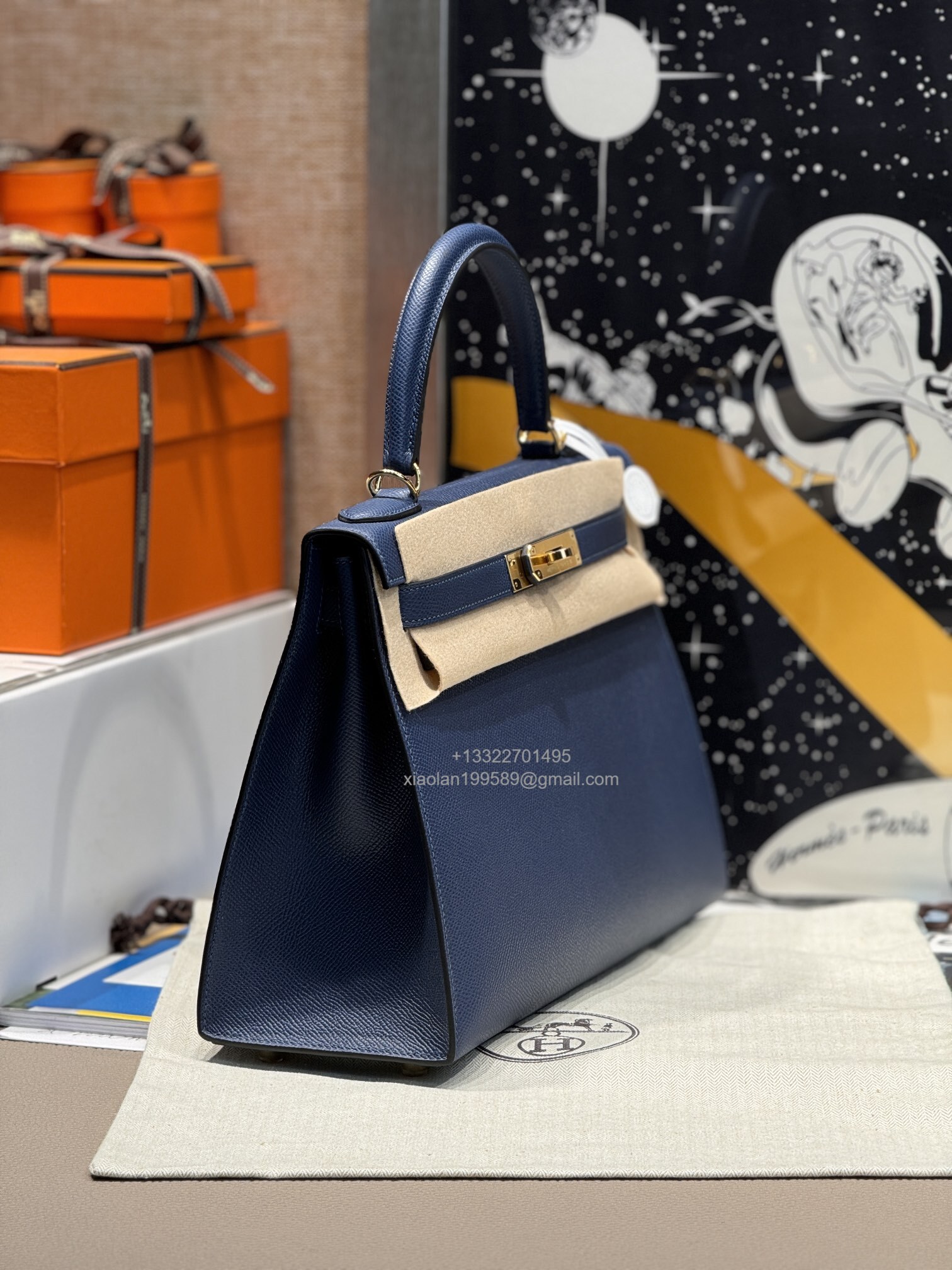 Hermès Kelly Handbag in Deep Blue Epsom Cowhide Leather, Purely Handcrafted, High-End Customization Edition