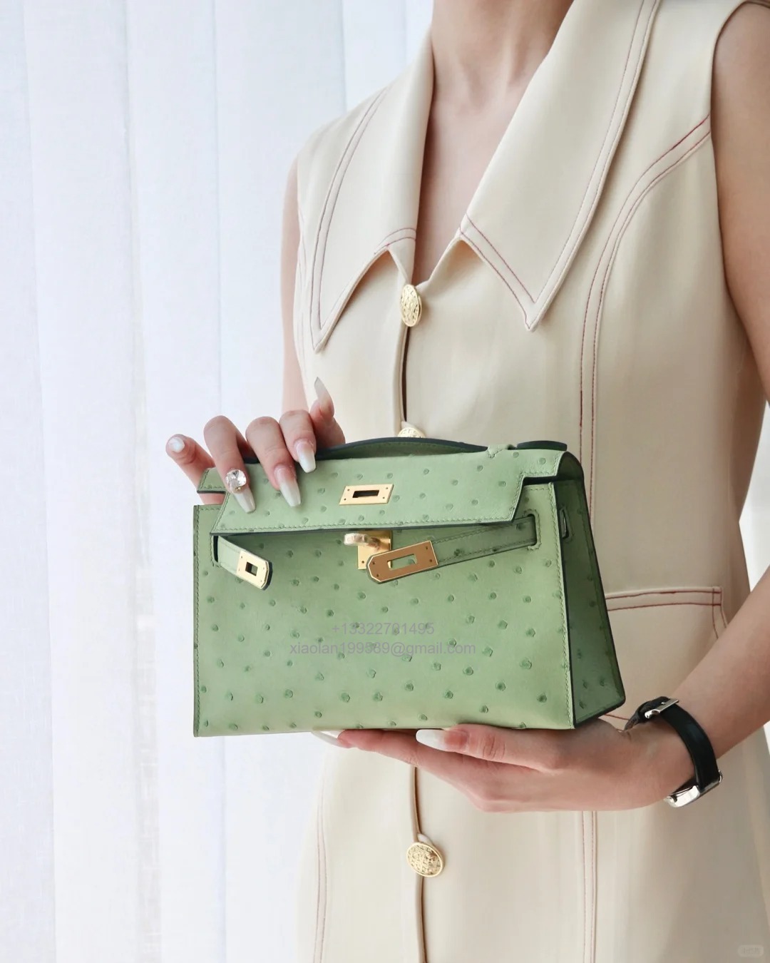 Hermès Kelly Pochette Clutch Bag, South African KK ostrich leather, fully handmade haute couture – O7/Bleuet