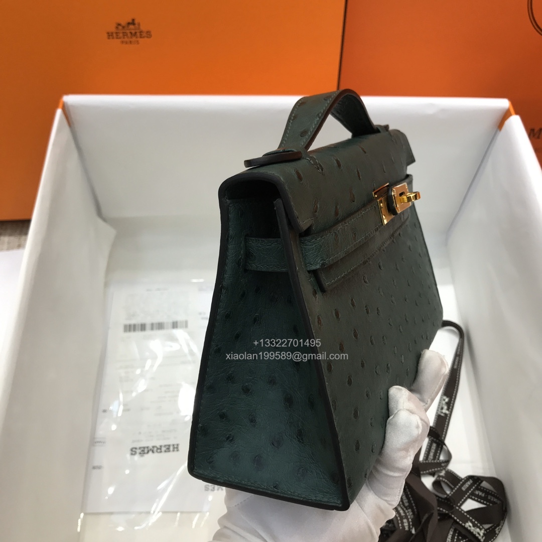 Hermès Kelly Pochette Clutch Bag, South African KK ostrich leather, fully handmade haute couture – Dark Green
