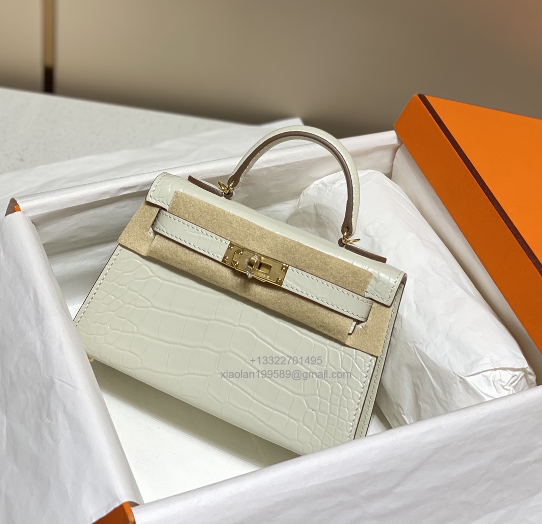 Hermès Mini Kelly in Crocodile Leather, Fully Handmade Premium Private Customization –Milkshake White