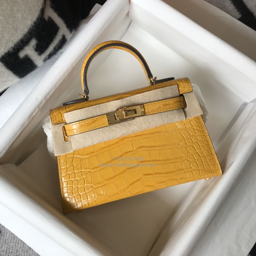 Hermès Mini Kelly in Crocodile Leather, Fully Handmade Premium Private Customization –Amber Yellow
