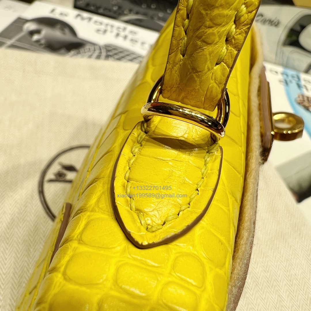 Hermès Mini Kelly in Crocodile Leather, Fully Handmade Premium Private Customization –Marigold Yellow