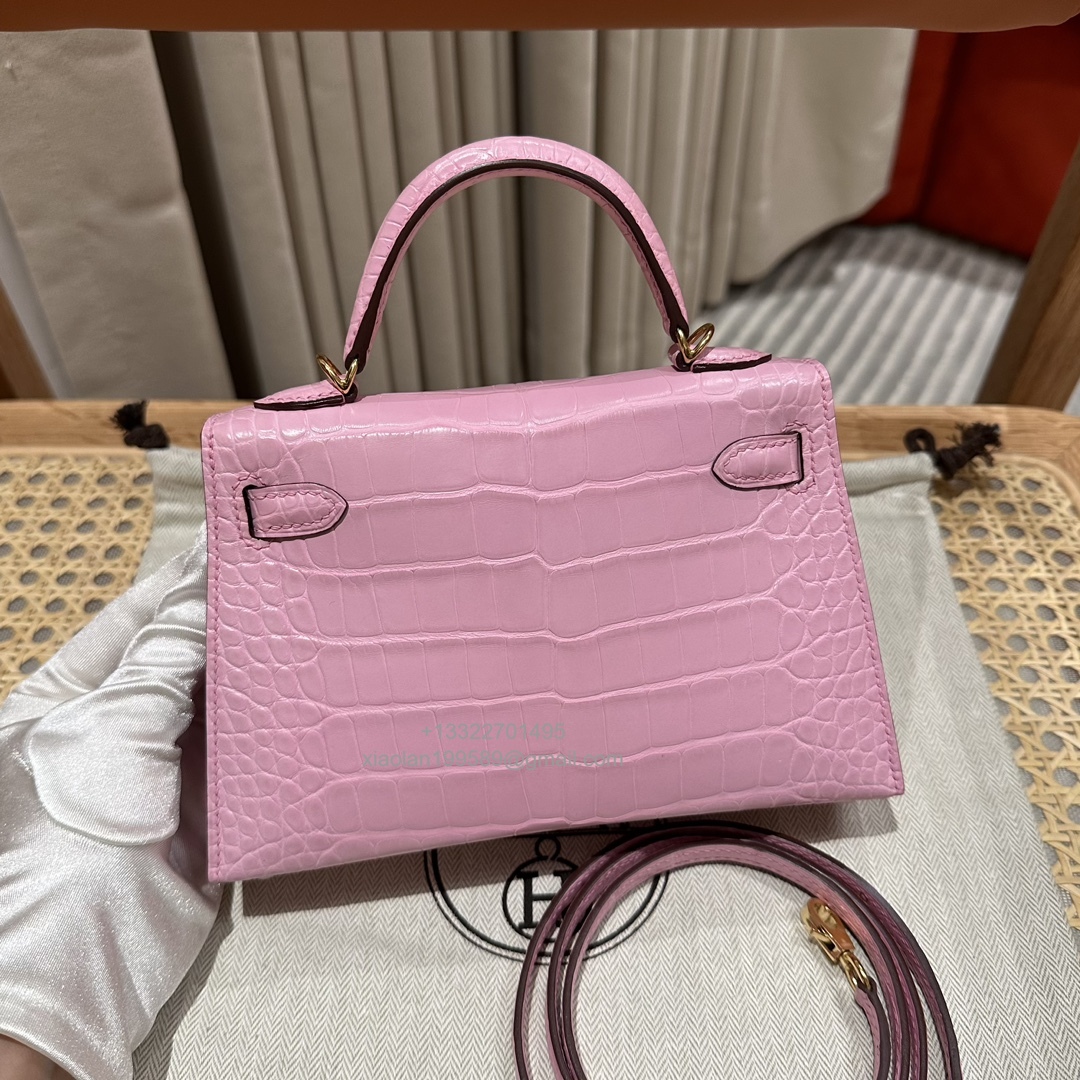 Hermès Mini Kelly in Crocodile Leather, Fully Handmade Premium Private Customization –Sakura Pink