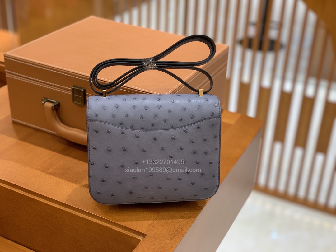 Hermès Constance 18/24 in Ostrich Leather, Premium Fully Handmade Exclusive Customization –Asphalt Grey