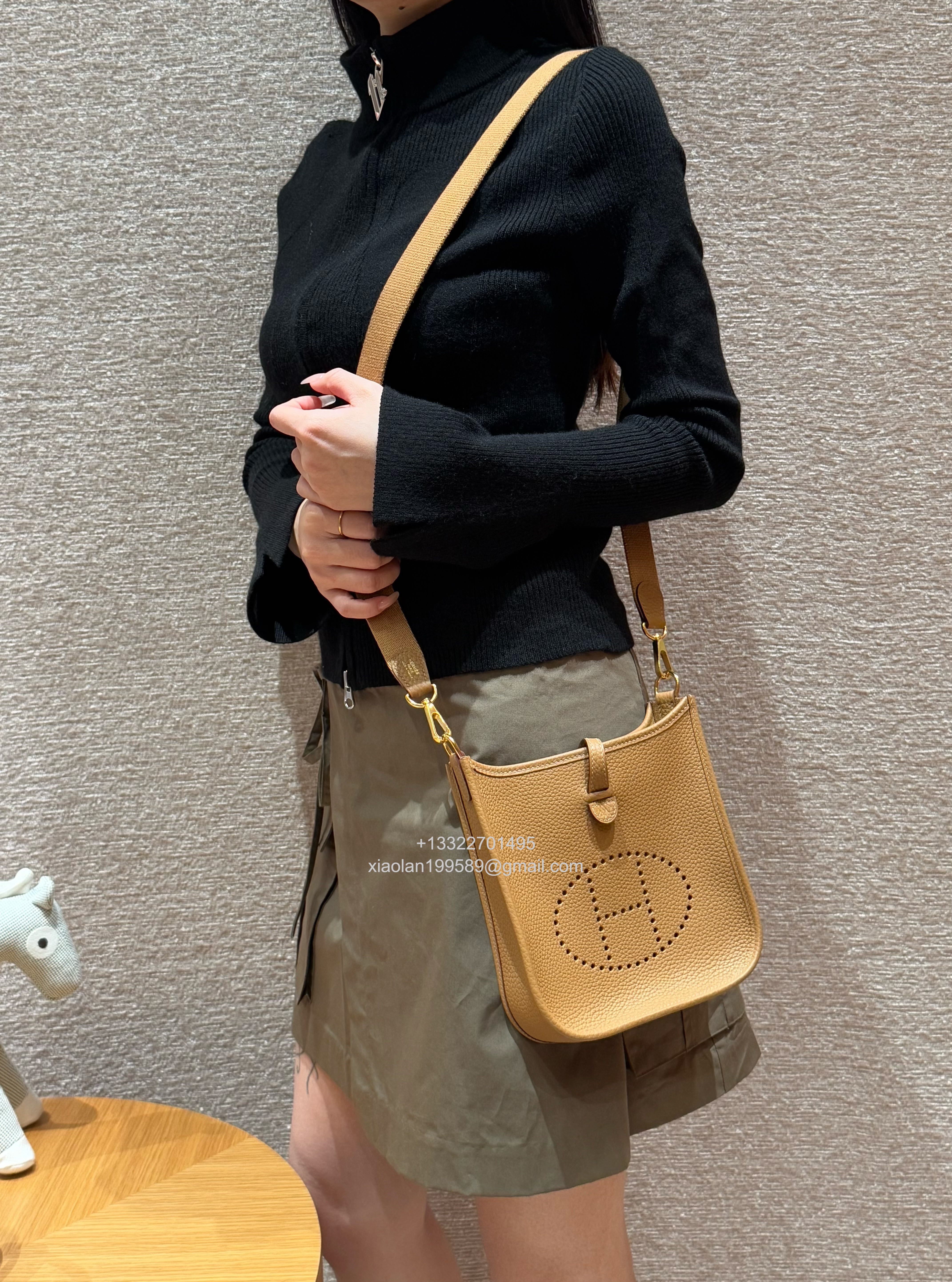 Hermès Evelyne mini Bag in Clemence Leather, Premium Handcrafted Customization-Gold Brown